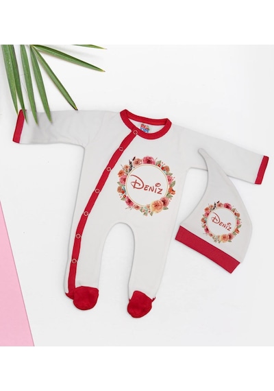 Bk Kids Kişiye Özel Çiçek Tasarımlı Kırmızı Tulum Zıbın Ve Kukule Çok Renkli