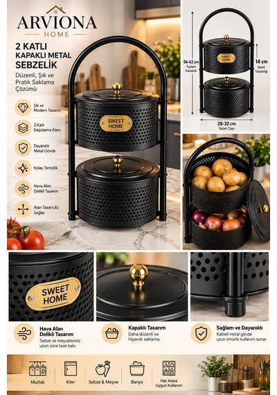 Arvıona Home 2 Katlı Kapaklı Metal Sebzelik Patates Soğan Saklama Sepeti Siyah Gold