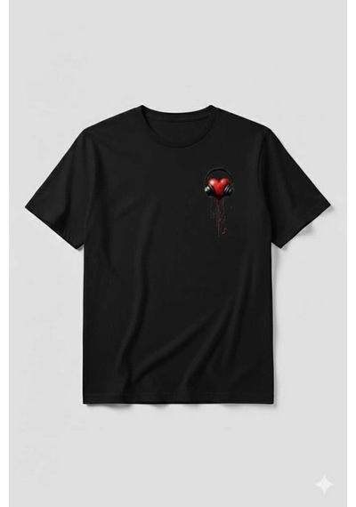 Kalp Kulaklık Baskılı Sevgililer Günü Pamuklu Kadın T-shirt Siyah