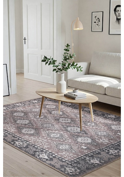 Artloop Stonart Eskitme Vintage Desenli Kahverengi Otantik Yıkanabilir Şönil Halı Al 464 Kahverengi 3
