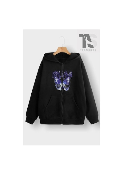 Tarzsokak Mor Kelebek Yazılı Sweatshirt Fermuarlı Hırka Siyah