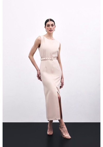 Sateen Kemerli Kalem Elbise - Bej-135812 Bej