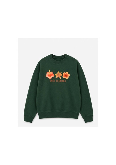 Herkesemoda Turuncu Çiçekler Baskılı 2 İplik Şardonlu Bisiklet Yaka Sweatshirt Yeşil