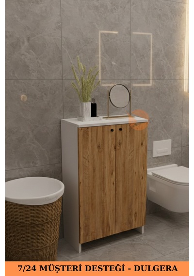 2 Kapaklı 4 Raflı Dolap Çok Amaçlı Dolap Banyo Dolabı Banyo Rafı Çam