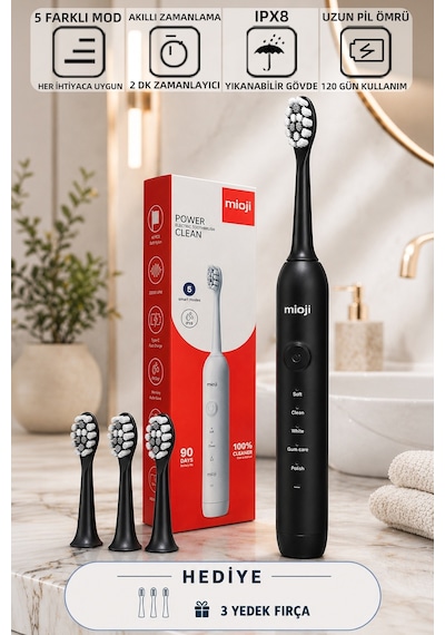 Mioji Oral B1 Şarj Edilebilir IPX8 5 Modlu Diş Fırçası Siyah + 3 Yedek Başlık