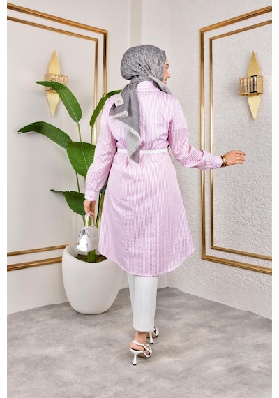 Harman Butik Kemerli Çizgili Keten Gömlek Pembe Pembe