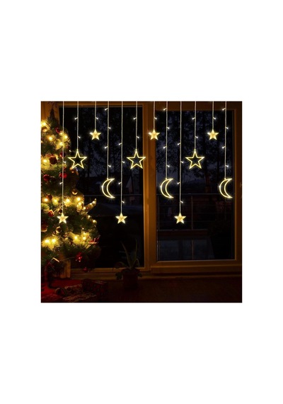 Sarı Yılbaşı Ay Ve Yıldız Asma Led Işıklar - 138 Led, 3.5 Metre Asmalı Perde Led Işığı, Noel Ve Yılbaşı Diğer