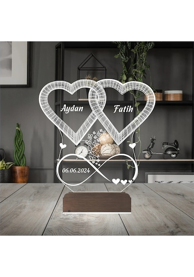 Luvivia 2 Kalp Sonsuzluk Sevgiliye Hediye Kişiye Özel 3d Lamba - Masa Gece Lambası V2