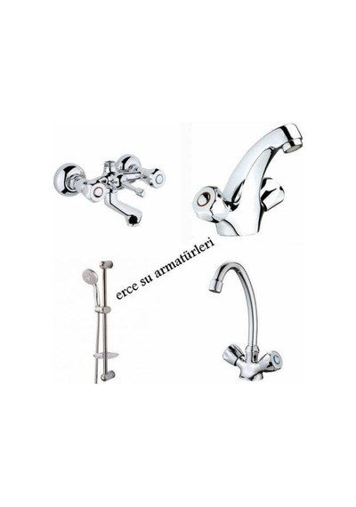 Çevirmeli Evye + Banyo + Lavabo Bataryası + Sürgülü Duş Seti Krom