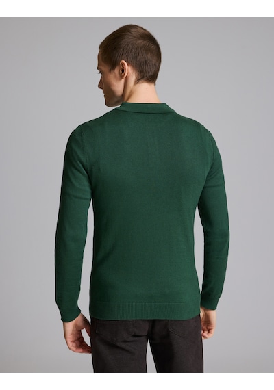 Pierre Cardin Koyu Yeşil Slim Fit Düğmeli Polo Yaka Basic Triko Kazak 50333894-vr079