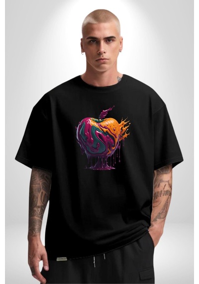 Yağlı Boya Elma Pamuklu Bisiklet Yaka Unisex Oversize Boyfriend Dijital Baskılı Siyah T-shirt Siyah
