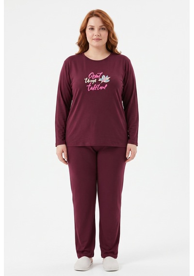 Sleeproom Büyük Beden Kadın Mevsimlik Great Things Desen Bordo Pijama Takımı