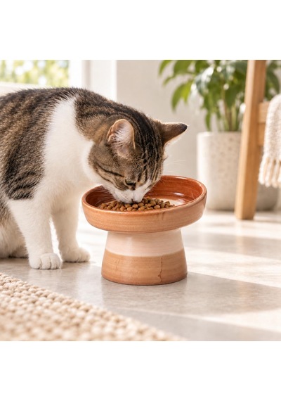 Seramik Kedi Köpek Mama Ve Su Kabı Fırça İzli Eğimli Ve Yükseltilmiş Mama Kabı, Boyun Ve Omurgayı Destekleyen Ergonomik Tasarım, Kolay Temizlenebilir Kahverengi-pembe