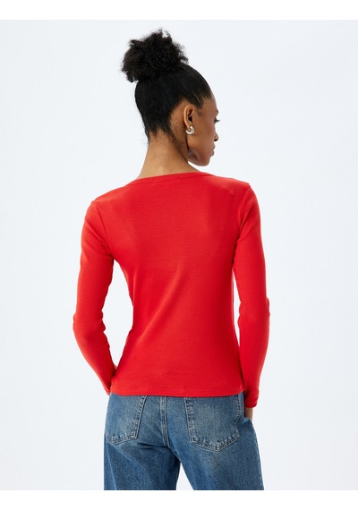 Koton Pamuklu Uzun Kollu U Yaka Slim Fit Fitilli Tişört Kırmızı 5sak50232ek Kırmızı