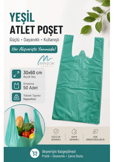 Kalın Yeşil Poşet Büyük Boy 1 Kg Hışır Atlet Poşet 30x60 Cm Çöp Poşeti Market Manav Poşeti