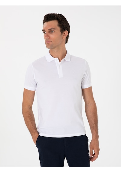 Beyaz Slim Fit %100 Pamuk Polo Yaka T-shirt
