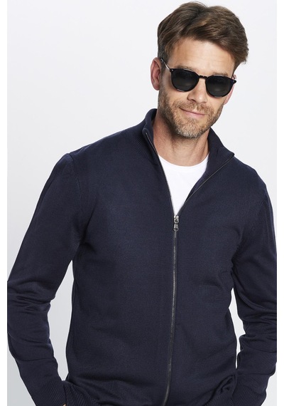 Tudors Erkek Slim Fit Dar Kesim Lacivert Dik Yaka Fermuarlı Düz Hırka-32261 Lacivert