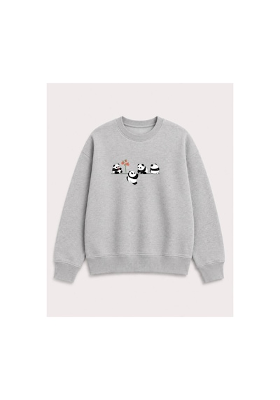 Herkesemoda Yavru Pandalar Baskılı 2 İplik Şardonlu Bisiklet Yaka Sweatshirt Gri