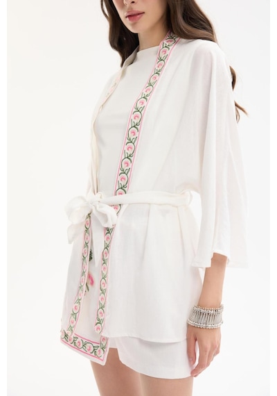 Quzu 25yckt00599 Kadın Nakış Detaylı Kimono Ceket Ekru