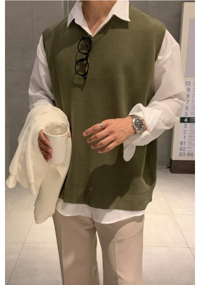 Erkek V Yaka Oversize Süveter Haki