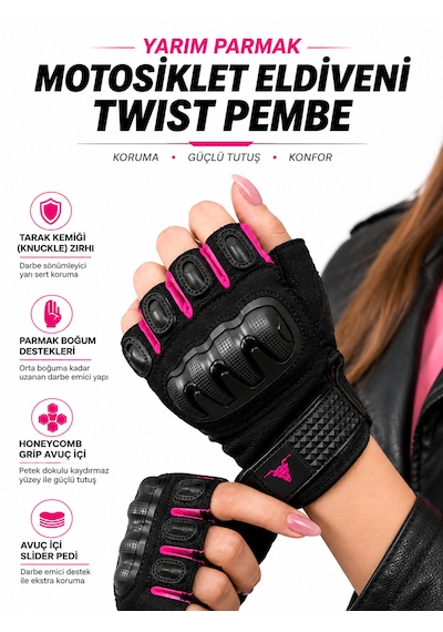 Motokit Twist Pembe / Yarım Parmak - Kaymaz Avuç İçi Kadın Motosiklet Eldiveni