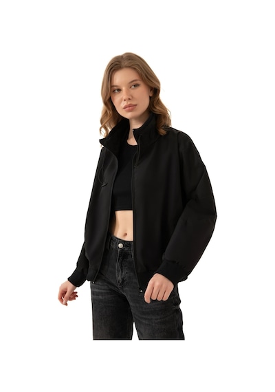 Firststops Kadın Siyah Dik Yaka Su Ve Rüzgar Geçirmez Oversize Crop Mevsimlik Yağmurluk Rüzgarlık Siyah
