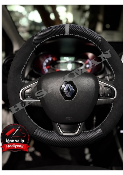 Renault Clio 4 Dikme Direksiyon Kılıfı Alcantara Süet Mat Karbon Gri Yüzük Ve Dikiş 2012-2019