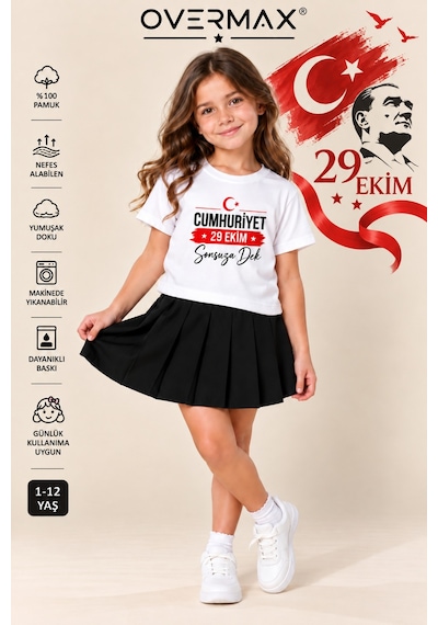 Overmax 29 Ekim Cumhuriyet Bayramı Çocuk Tişörtü Cumhuriyet Sonsuza Dek Baskılı %100 Pamuk Kız Erkek Çocuk T-shirt - 1-12 Yaş Beyaz - 932556338 Beyaz