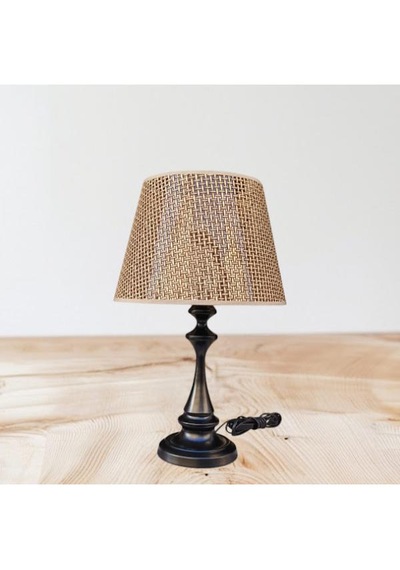 Faro Abajur Siyah Metal Gövdeli Rattan Kahverengi Şapkalı Koyu Siyah