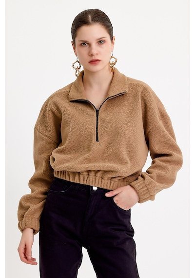JAHR MARC Bej Crop Fit Kadın Peluş Sweatshirt