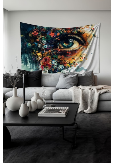 Çiçekli Göz Desenli Duvar Halısı Duvar Örtüsü Tapestry Süet Dokulu Kumaş