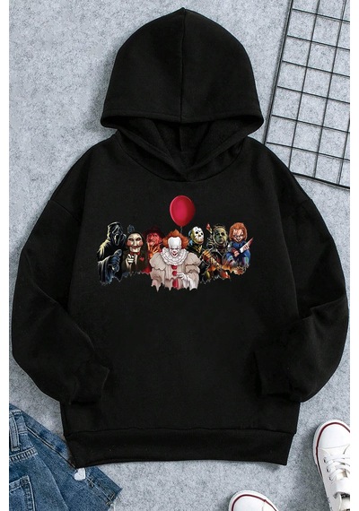 Korku Karakterleri Baskılı Erkek - Kız Çocuk Rahat Kalıp Sweatshirt Siyah