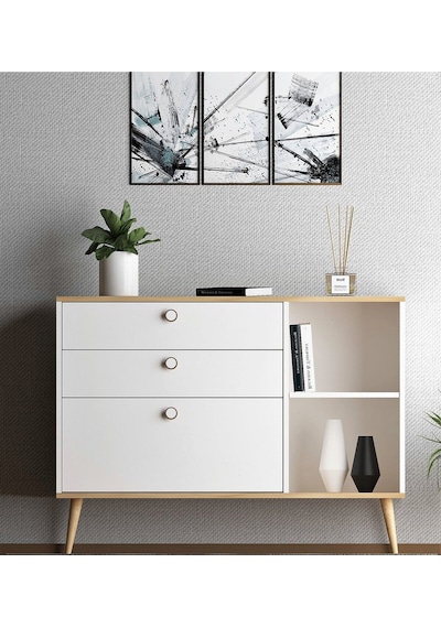 Floradesign Italy 120cm Şifonyer /çekmeceli Raflı Şifonyer / Çok Amaçlı Dolap/ Konsol Meşe/beyaz