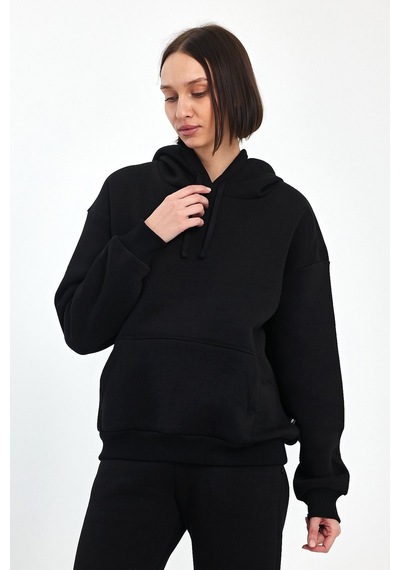 Odda Kadın Kapüşonlu Şardonlu Sweatshirt Siyah