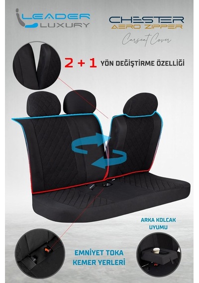 Nissan Qashqai İle Uyumlu Lüx Yarı Deri Oto Koltuk Kılıfı Ön Arka Takım Chester Siyah