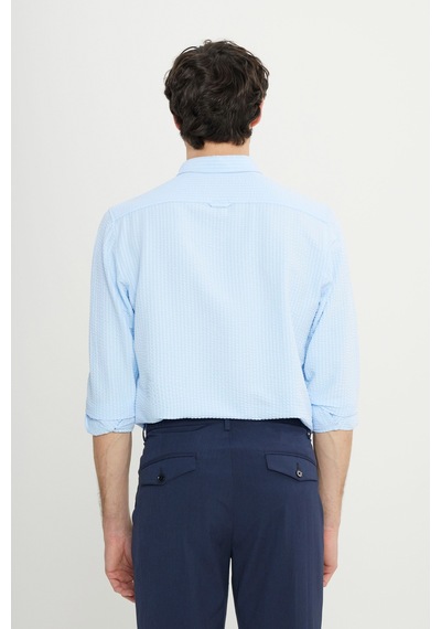 AC&Co / Altınyıldız Classics Erkek Mavı Slim Fit Dar Kesim Düğmeli Yaka Armürlü Gofre Desenli Gömlek Mavi