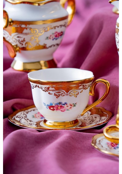 Acar Marigold 6 Kişilik 17 Parça Çay Seti Beyaz - Altın
