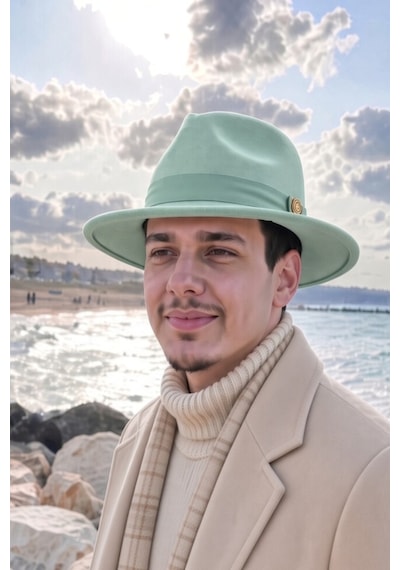 Mollycrush Erkek Kışlık Şık Mint Yeşili Fötr Şapka Geniş Siperli Kemer Detaylı Keçe Fedora Mint Yeşili