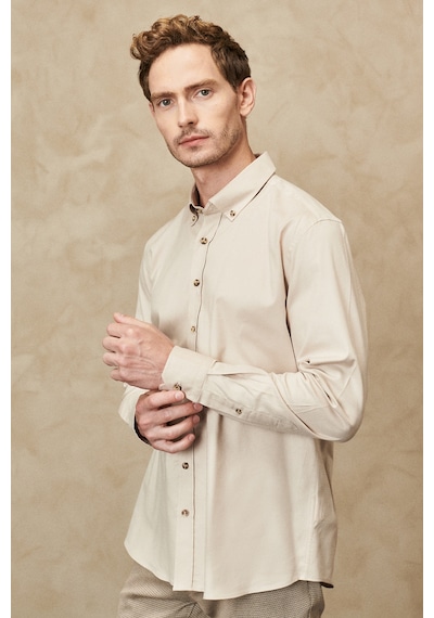AC&Co / Altınyıldız Classics Erkek Bej Slim Fit Dar Kesim Düğmeli Yaka Gabardin Desenli Gömlek 4A2023100059BEJM Bej