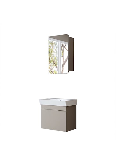 Likya Lavabolu Banyo Dolabı Takımı, Mdflam Tek Kapaklı Lavabolu 59 Cm Banyo Alt Dolabı + Üst Dolabı Kumtaşı