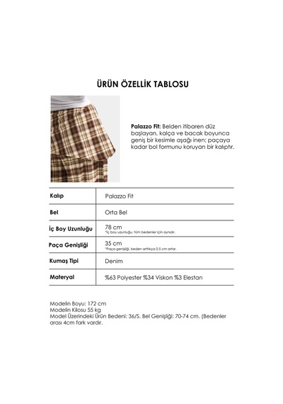 Kadın Kahve Ekose W6-16 Palazzo Fit Etek Detaylı Tasarım Pantolon