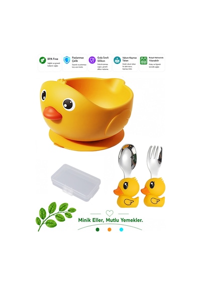 Sarı Renk Civciv Figürlü Premium Güvenli Bebek Çocuk Vakumlu Silikon Beslenme Mama Seti, 9+ Ay