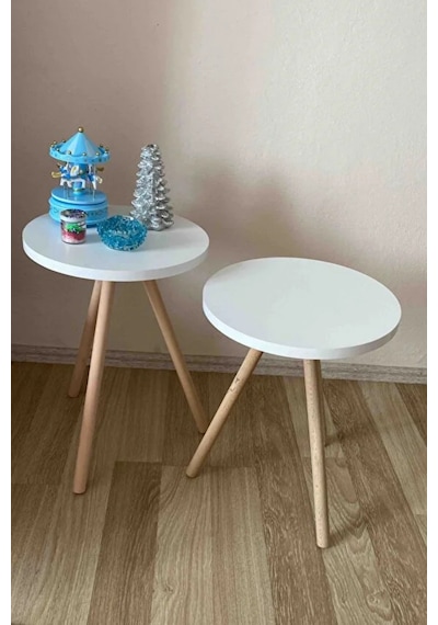 2'li Zigon Sehpa Seti Saksılık Ve Çiçeklik Standı, Dekoratif Yan Sehpa Ahşap Ayaklı 33 Cm Çap - Beyaz Beyaz