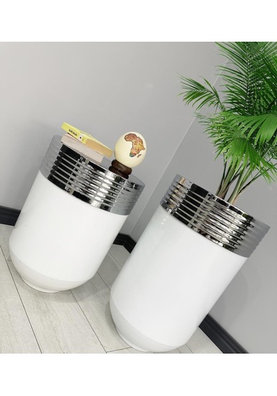 Elegant Dekoratif Krom Darbuka Parlak Beyaz Saksı 70cm + 60cm Sehpa İkili Set
