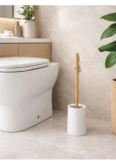 Ahşap Saplı Minimal Tuvalet Fırçası Ve Standı Şık, Modern Wc Fırçası Vıchy-7050 siyah