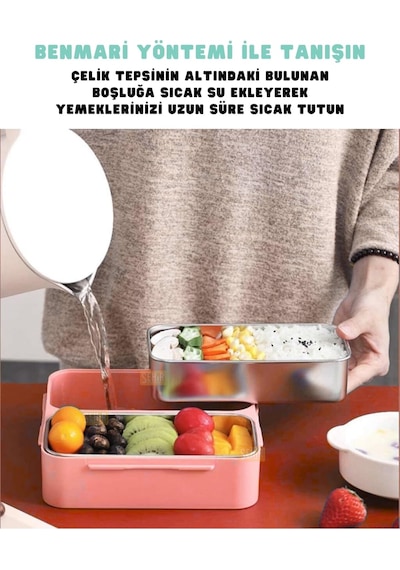 Bento 1100ml Lunchbox Tek Katlı 2 Bölmeli Paslanmaz Çelik Sefer Tası Yemek Kutusu Açık Kırmızı Çok Renkli