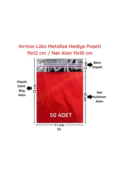 11x12 Cm Kırmızı Renk Bantlı Lüks Metalize Hediyelik Poşet 50 Adet