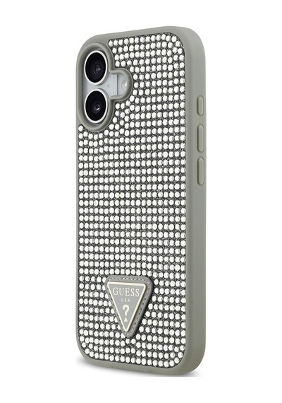 Apple Uyumlu iPhone 17 Kılıf Guess Lisanslı Taşlı Arka Yüzey Üçgen Logolu Kapak Gümüş