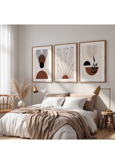 Kahverengi Bohem 3'lü Soyut Poster Seti, Modern Minimalist Duvar Dekorasyonu