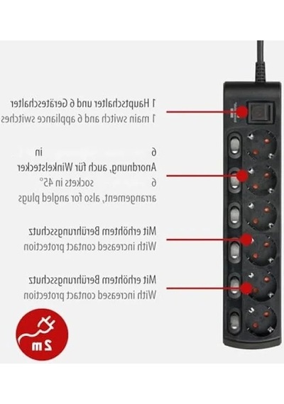 6 Soketli Güç Şeridi, 2 Metre, Anahtarlı 0